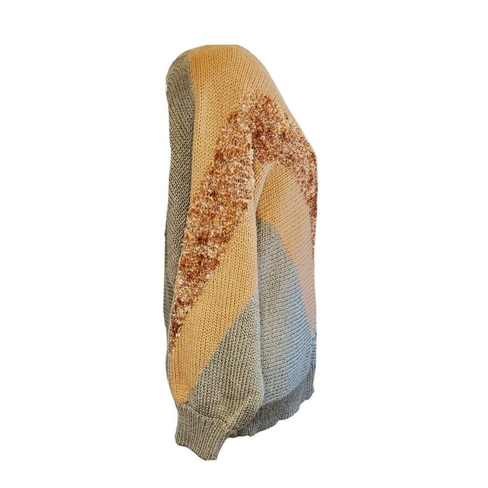 Vintage 80s Neutral Beige Peach Geometric Balloon Sleeve Slouchy Sweater - Picture 5 of 10